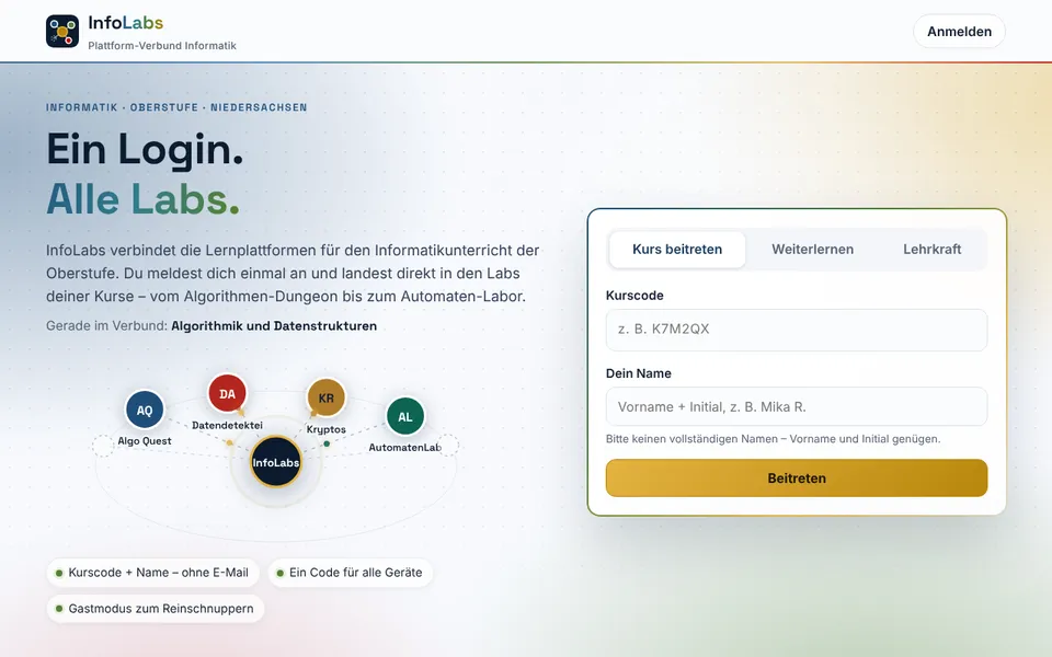 Startseite des InfoLabs-Portals mit Anmeldung per Kurscode