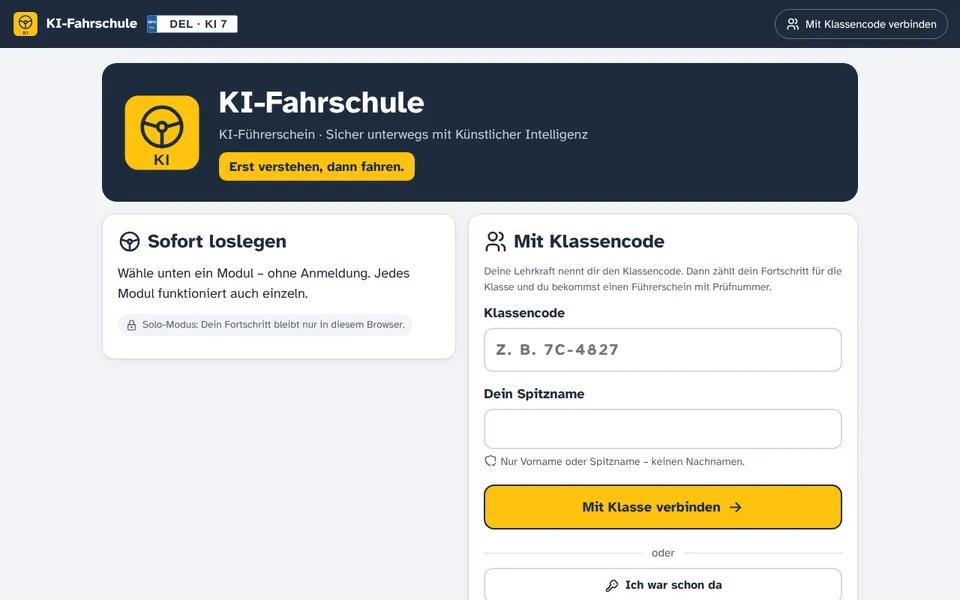 Startseite der KI-Fahrschule